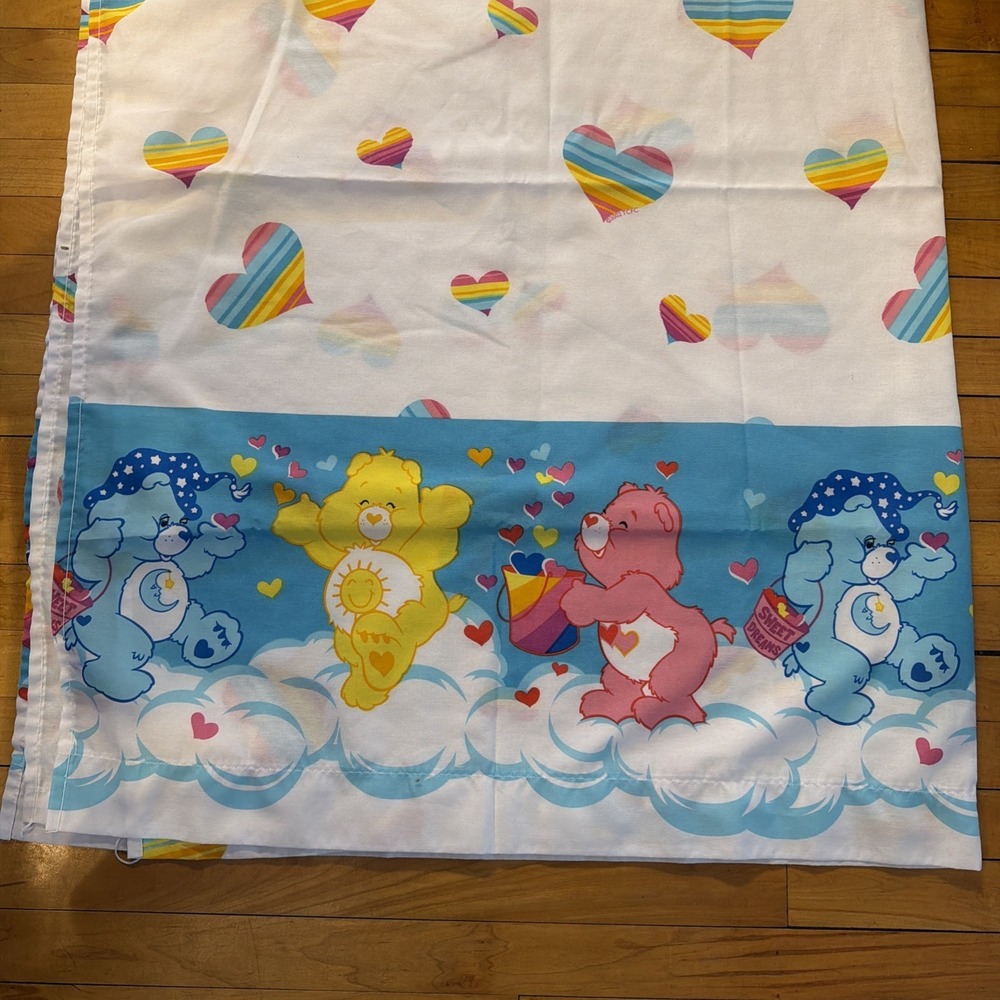 Care Bear Flat Sheet Rainbow Hearts Franco Mfg USA 2002 Vintage